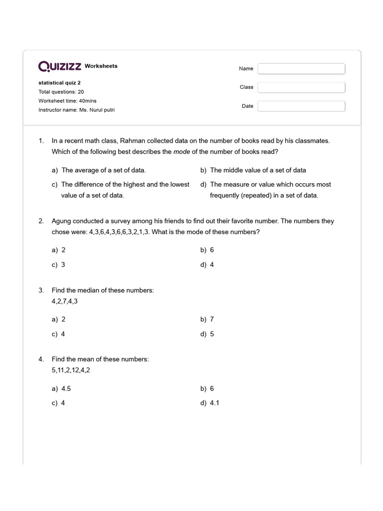Statistical Quiz Worksheet for Students | PDF