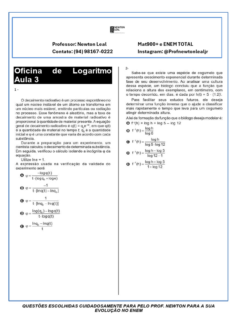 Questões de Logaritmo para o ENEM | PDF