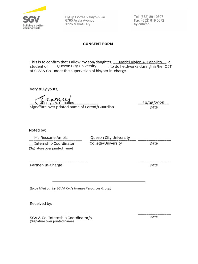 SGV & Co. Internship Consent Form | PDF