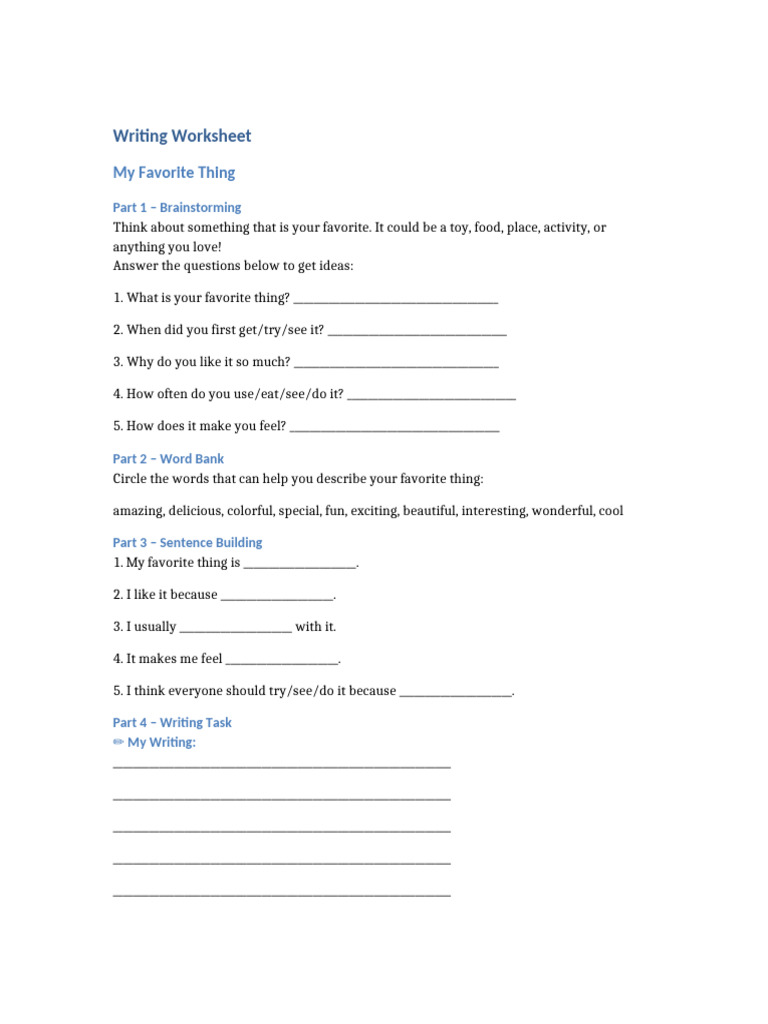 Favorite Thing Writing Worksheet | PDF