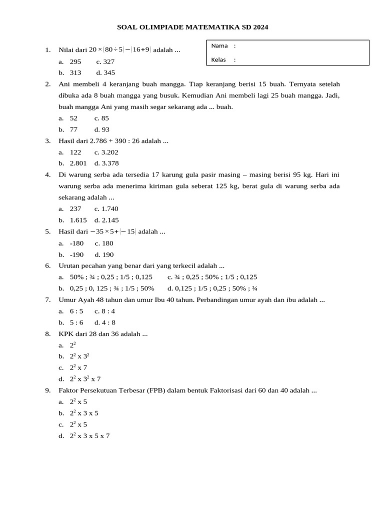 Soal Osn Matematika Sd 2024 Pdf