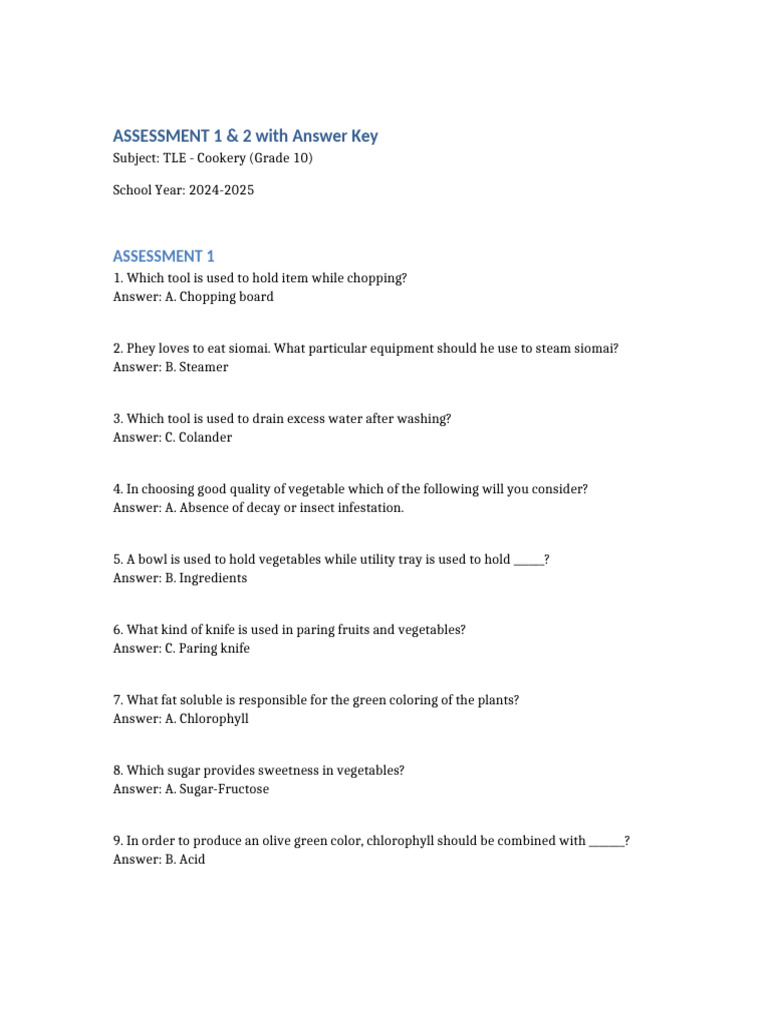 Cookery Assessments with Answers | PDF | Vegetables | Cooking