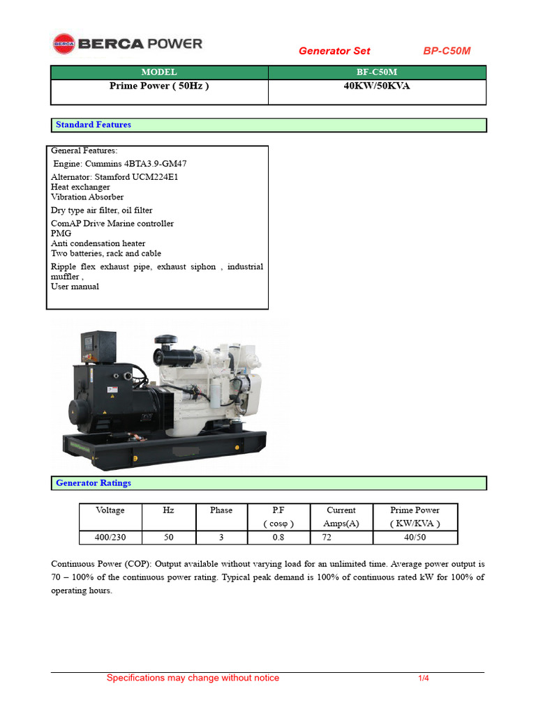 Baifa BF-C50M Generator Set Specs | PDF | Electric Generator | Engines