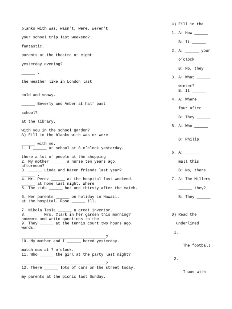 Past Simple Tense Was Were Esl Printable Grammar Test Worksheet | PDF ...