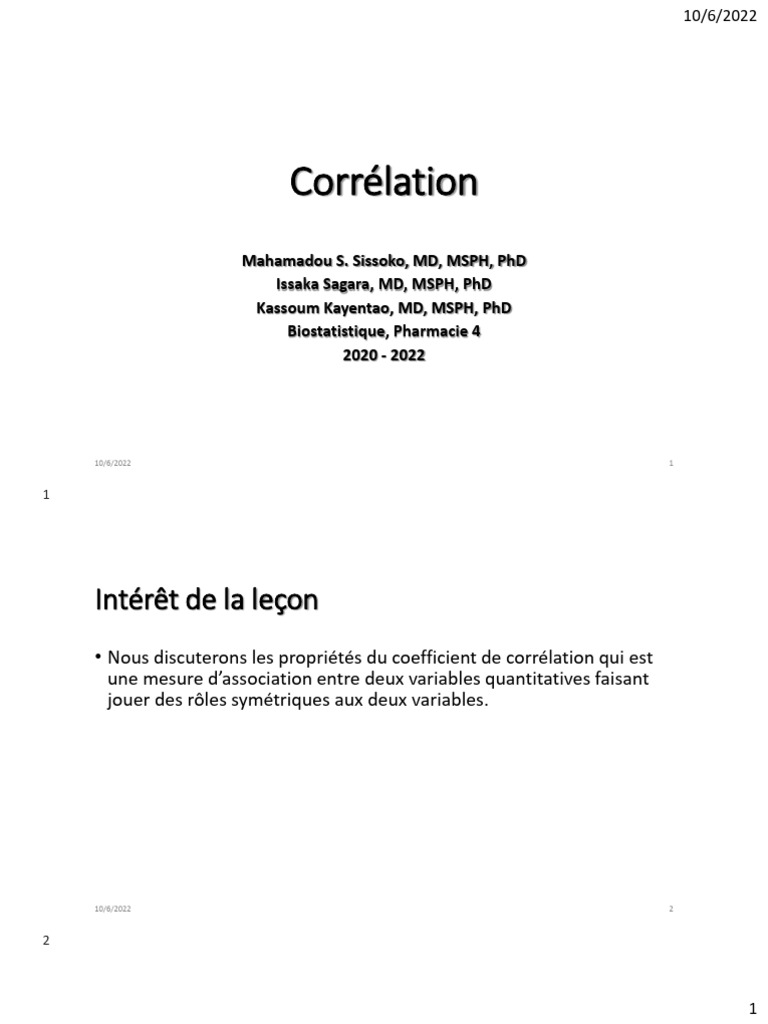 Propriétés et Estimation du Coefficient de Corrélation | PDF ...