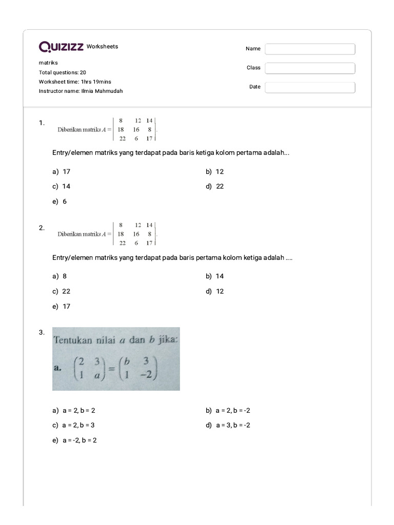 Worksheet Matriks: 20 Soal Latihan | PDF