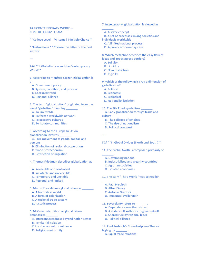 Globalization Exam: College-Level MCQs | PDF | Globalization | Global ...