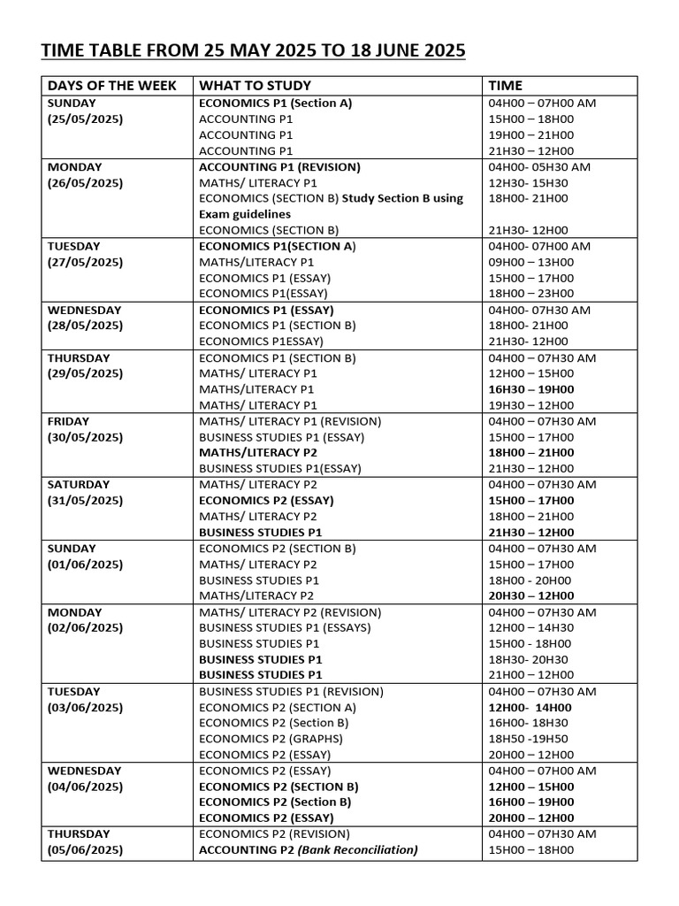 Mid-Year Exam Study Time Table For Grade 12 Learners | PDF