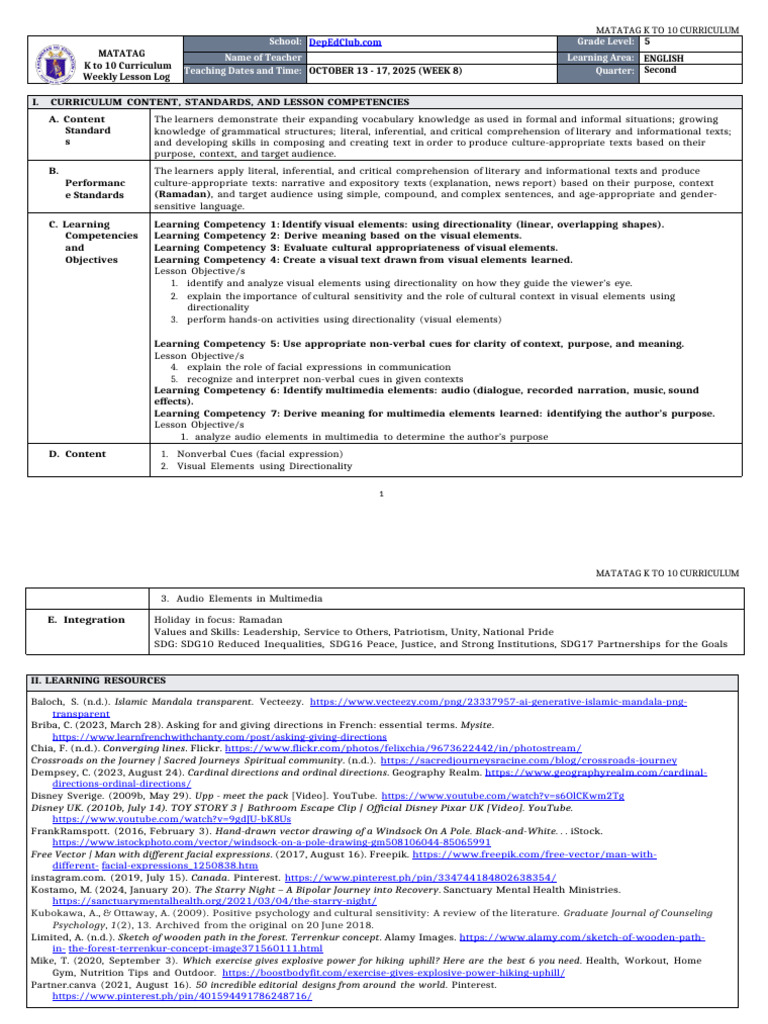 Dll Matatag _english 5 q2 w8 (1) | PDF | Learning | Multimedia