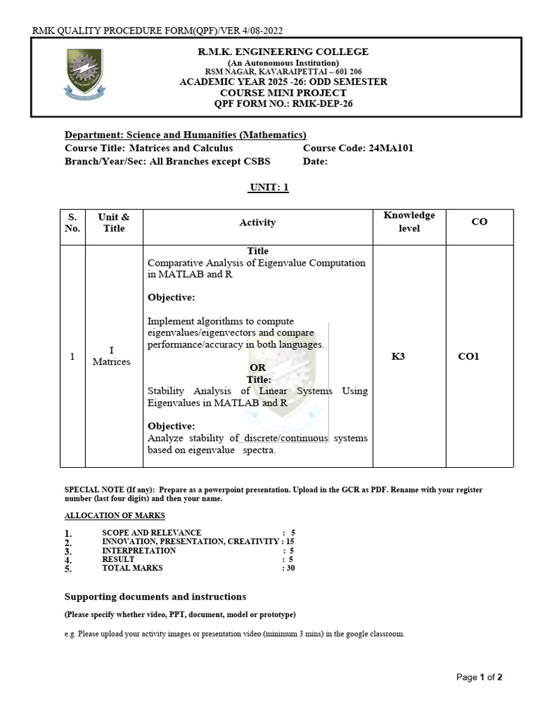 Mini Project on Eigenvalue Analysis | PDF | Eigenvalues And ...