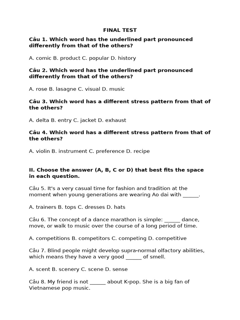English Language Final Test Questions | PDF | Taste | Umami