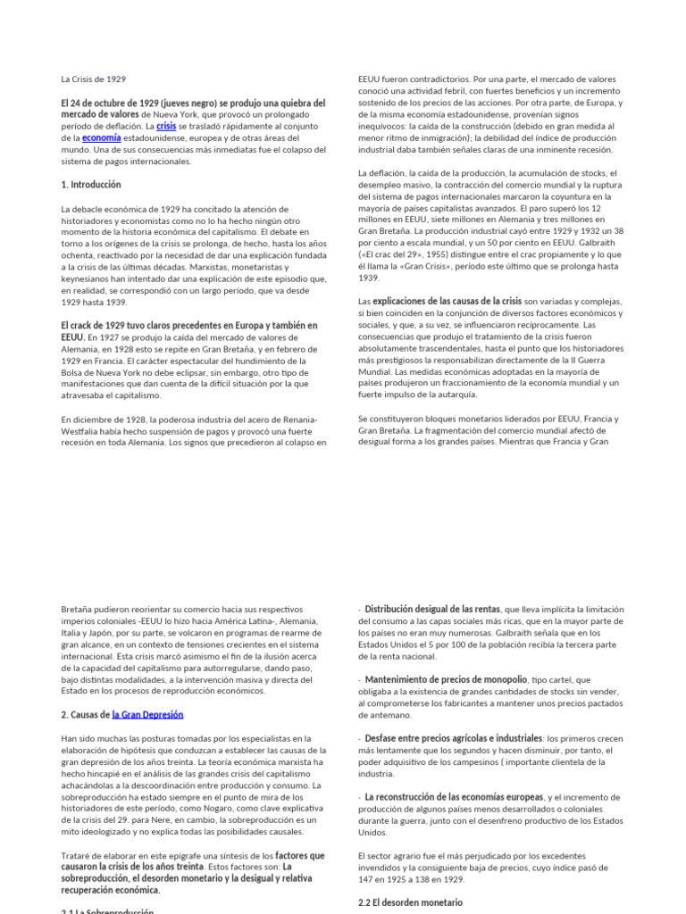Causas y Consecuencias de la Crisis de 1929 | PDF | Gran depresion ...