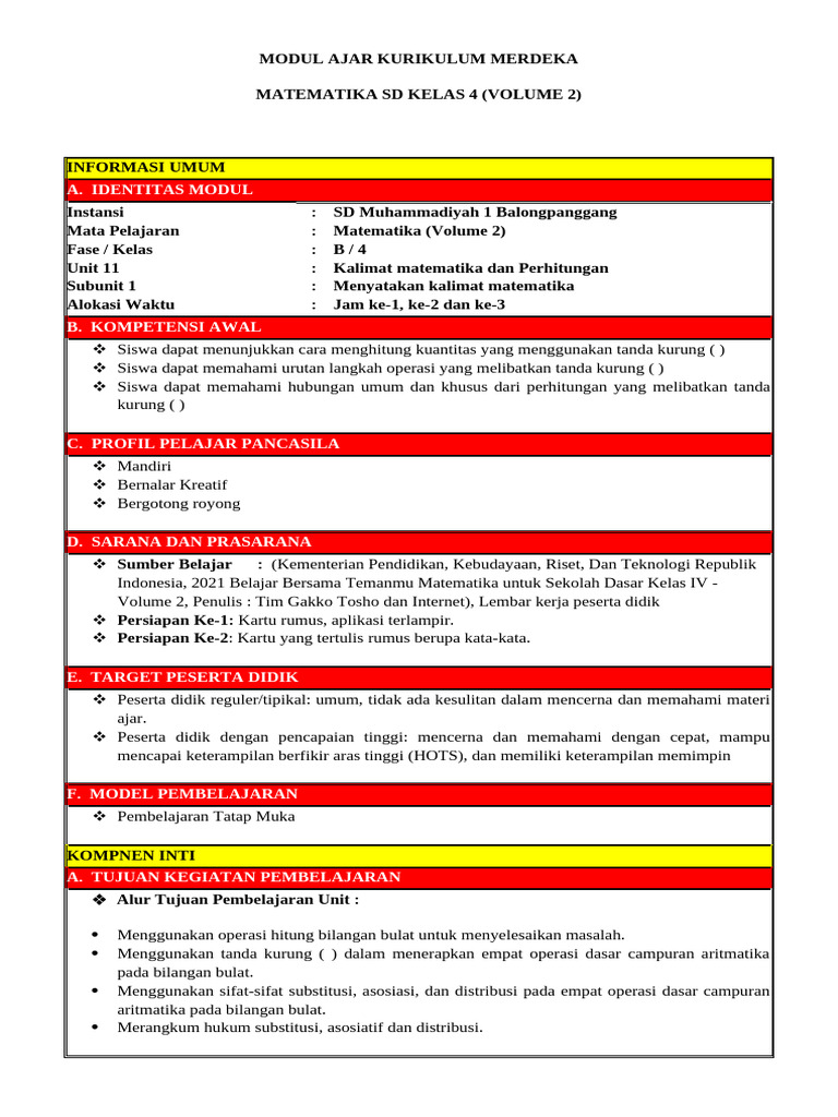 Modul Ajar Matematika SD Kelas 4 | PDF
