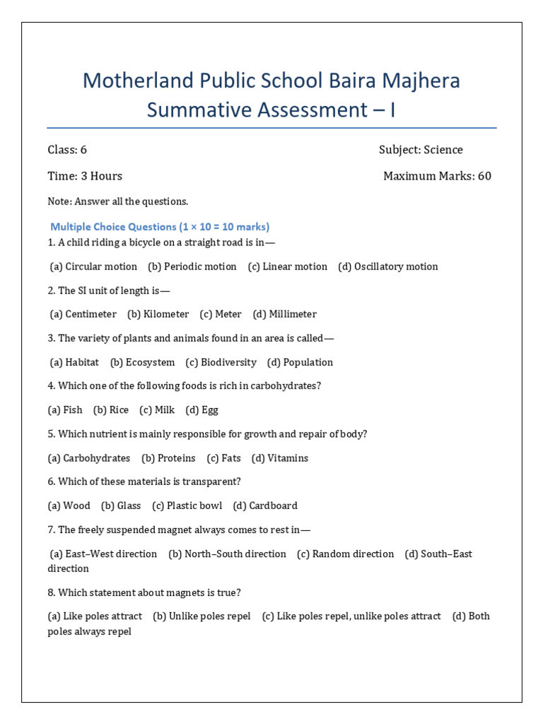 Class 6 Science Assessment Paper | PDF | Vitamin | Magnet
