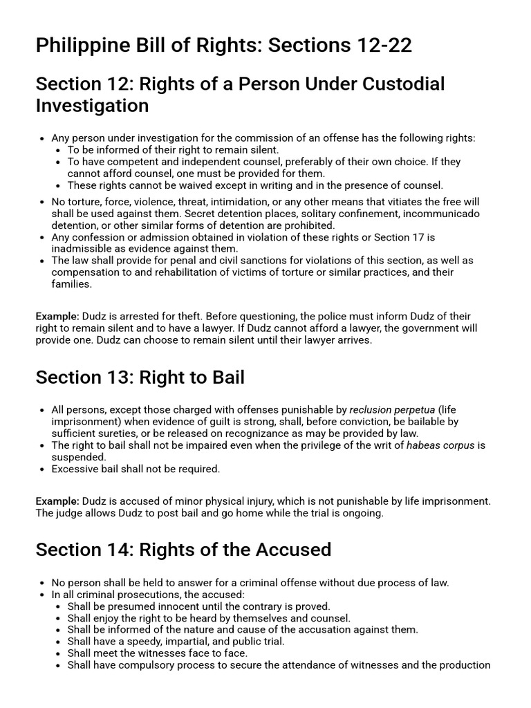 Philippine Bill of Rights Overview: Sections 12-22 | PDF | Right To ...