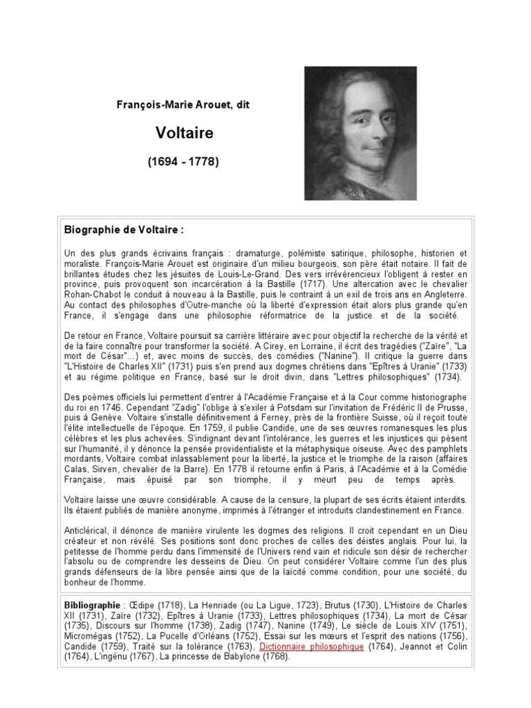 Biographie De Voltaire Courte