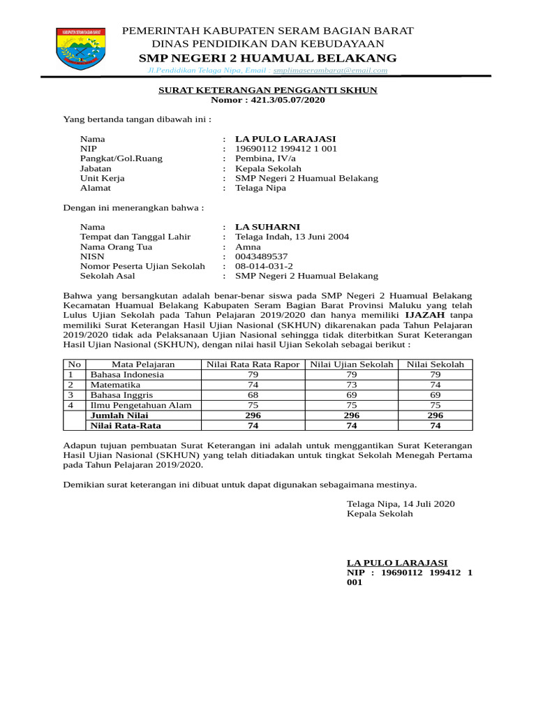 Surat Keterangan Pengganti SKHUN SMP | PDF