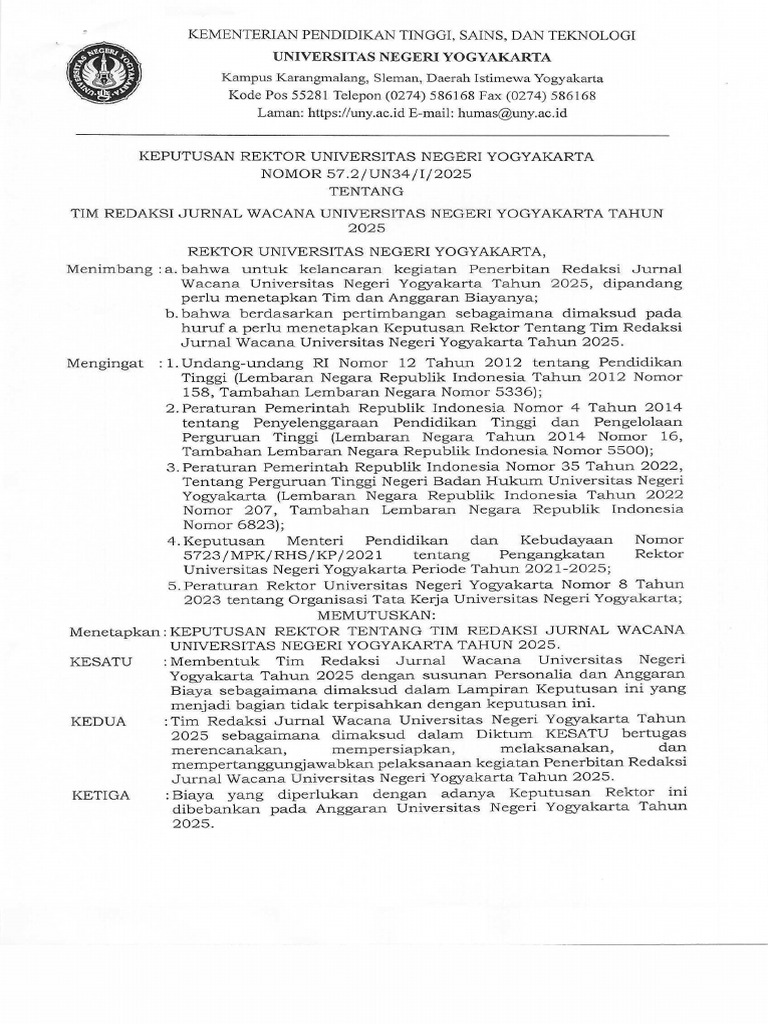 57.2 SK Rektor Keputusan Rektor Tentang Tim Redaksi Jurnal Wacana UNY ...
