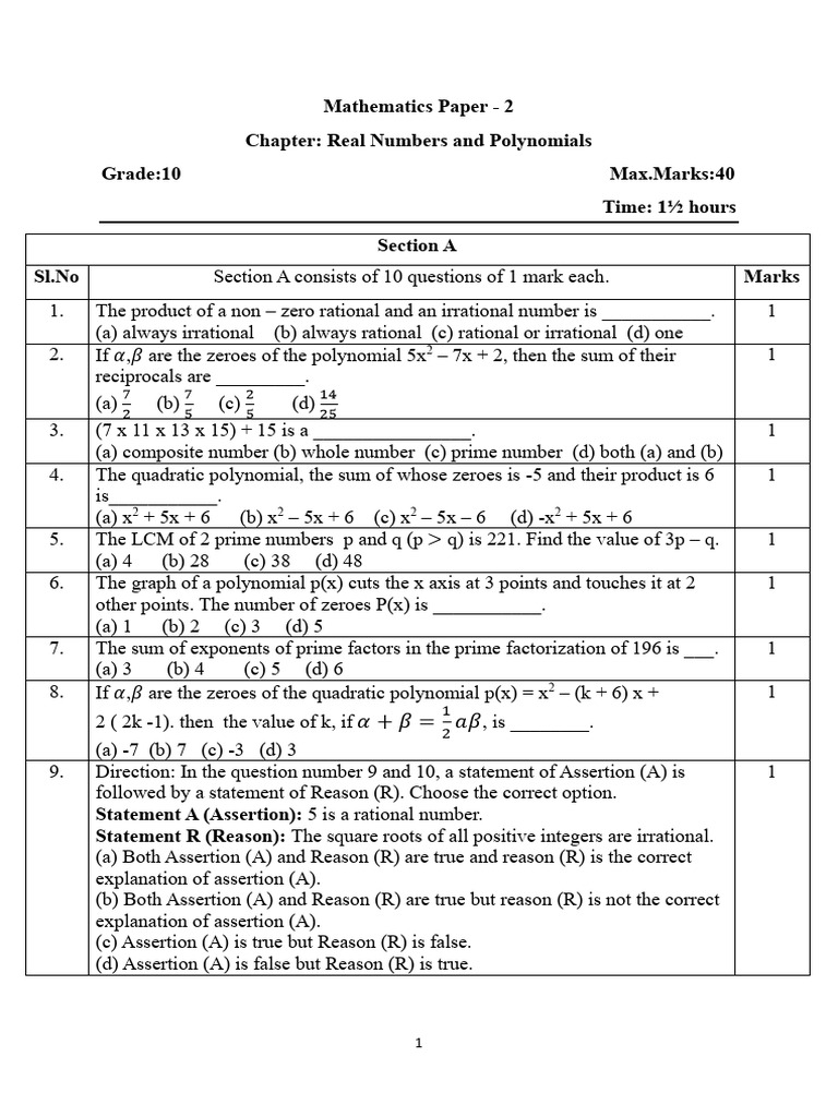 Grade 10 Math: Real Numbers & Polynomials | PDF | Quadratic Equation ...