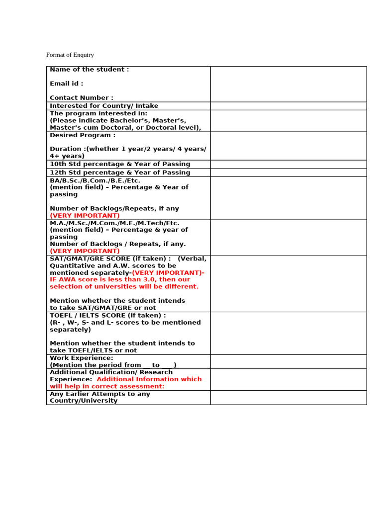 JD Enqiry Form | PDF