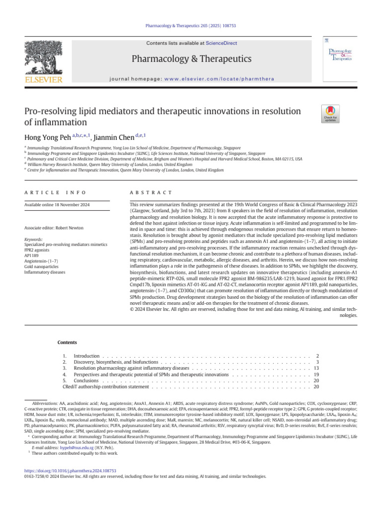 Pro-Resolving Lipid Mediators in Inflammation | PDF | Inflammation ...
