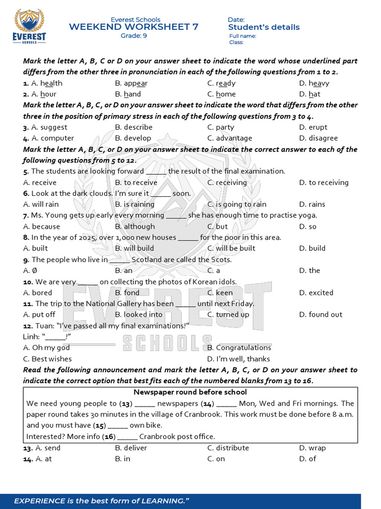 Grade 9 English Weekend Worksheet | PDF | Meal | Cuisine