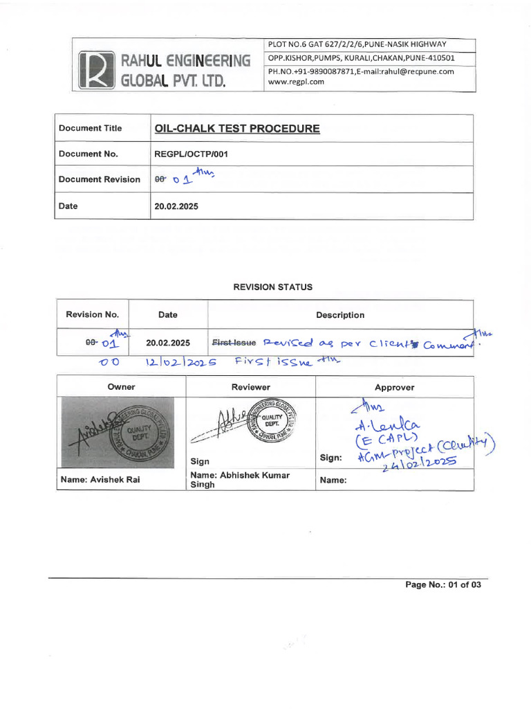 Oil Chalk Test Procedure - Approved | PDF