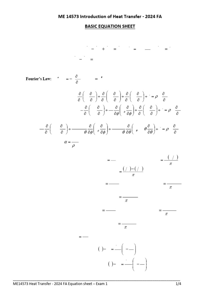 Heat Transfer Equation Sheet 2024 FA | PDF | Thermal Conduction ...