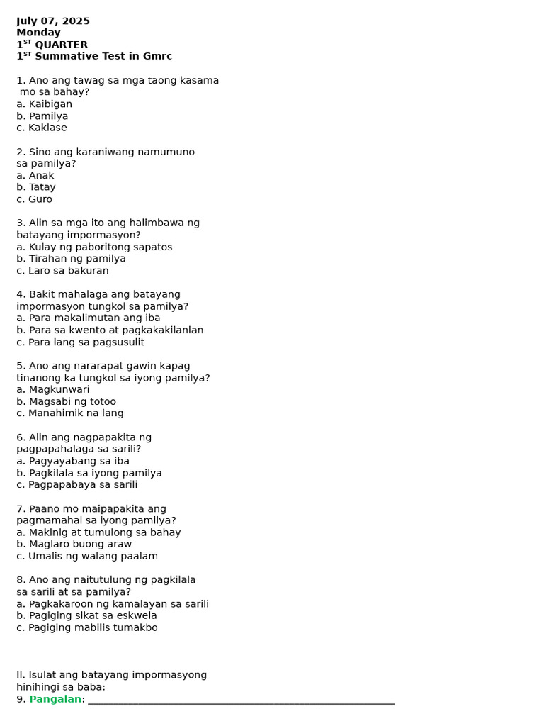 1st Quarter - 1st Summative Test in GMRC 2025-2026 | PDF