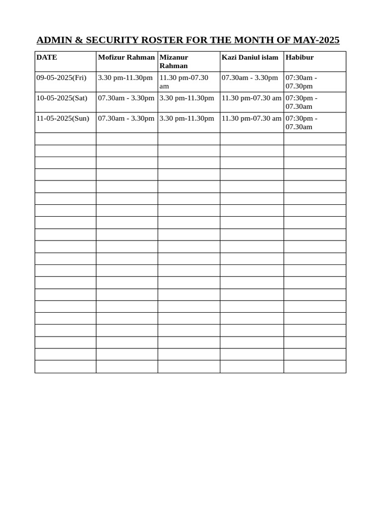 May 2025 Admin & Security Schedule | PDF