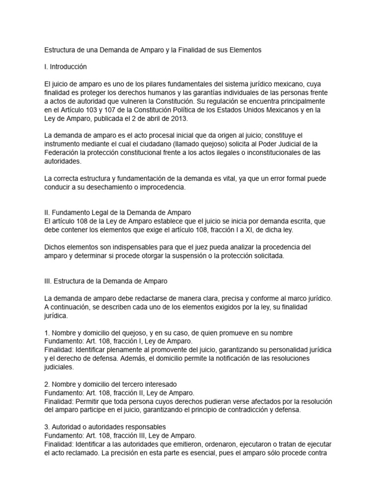 Estructura y Elementos de la Demanda de Amparo | PDF | Demanda judicial ...