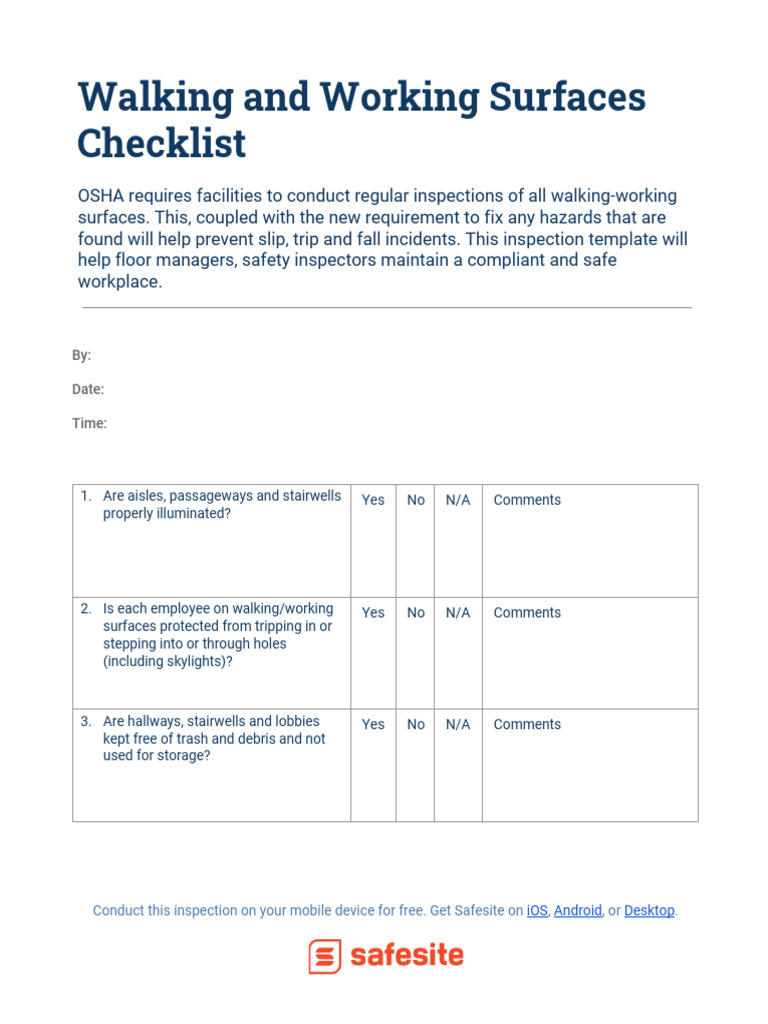 OSHA Walking-Working Surfaces Checklist | PDF | Occupational Safety And ...