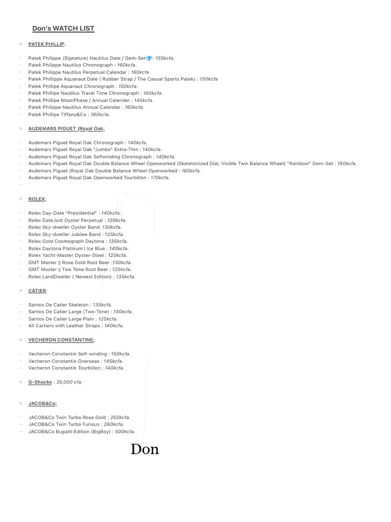 Luxury Watch Price List 2023 | PDF
