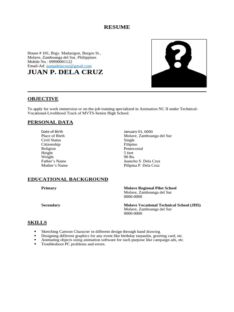 Resume For Work Immersion Generic Format | PDF