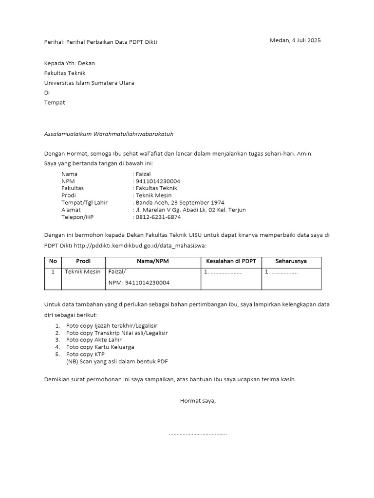 Permohonan Perbaikan Data PDPT Dikti | PDF