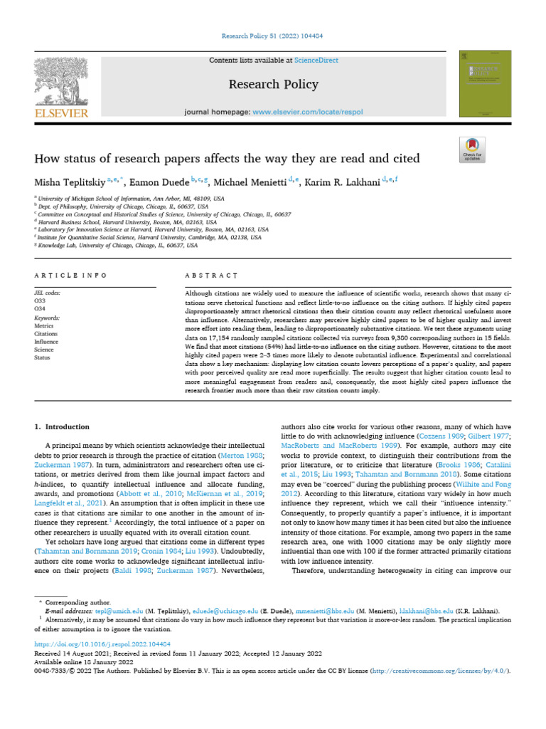 How Status of Research Papers Affects The Way They Are Read and Cited ...