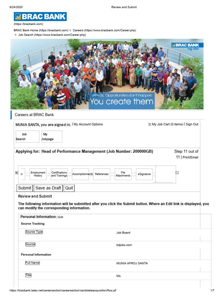 BRAC Bank Job Application Review | PDF
