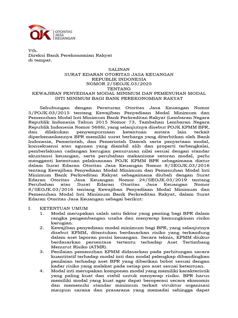 Kewajiban Modal Minimum BPR 2025 | PDF