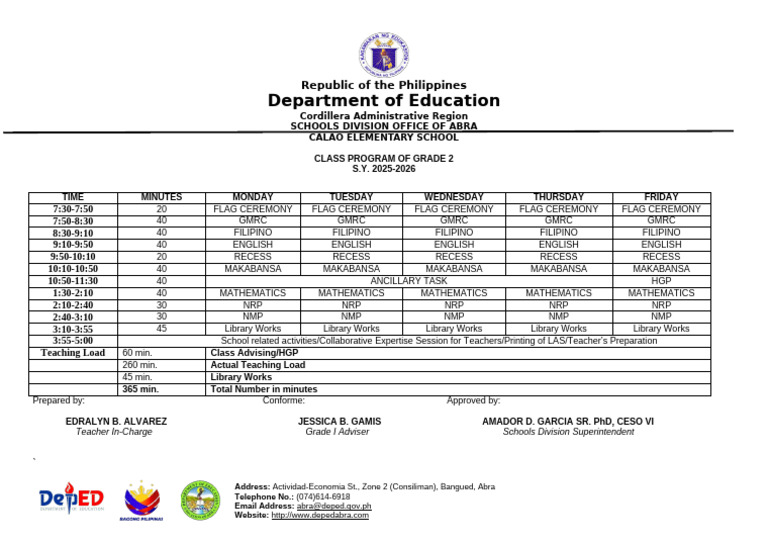 Grade 2 Class Program S.Y. 2025-2026 | PDF | Philippines
