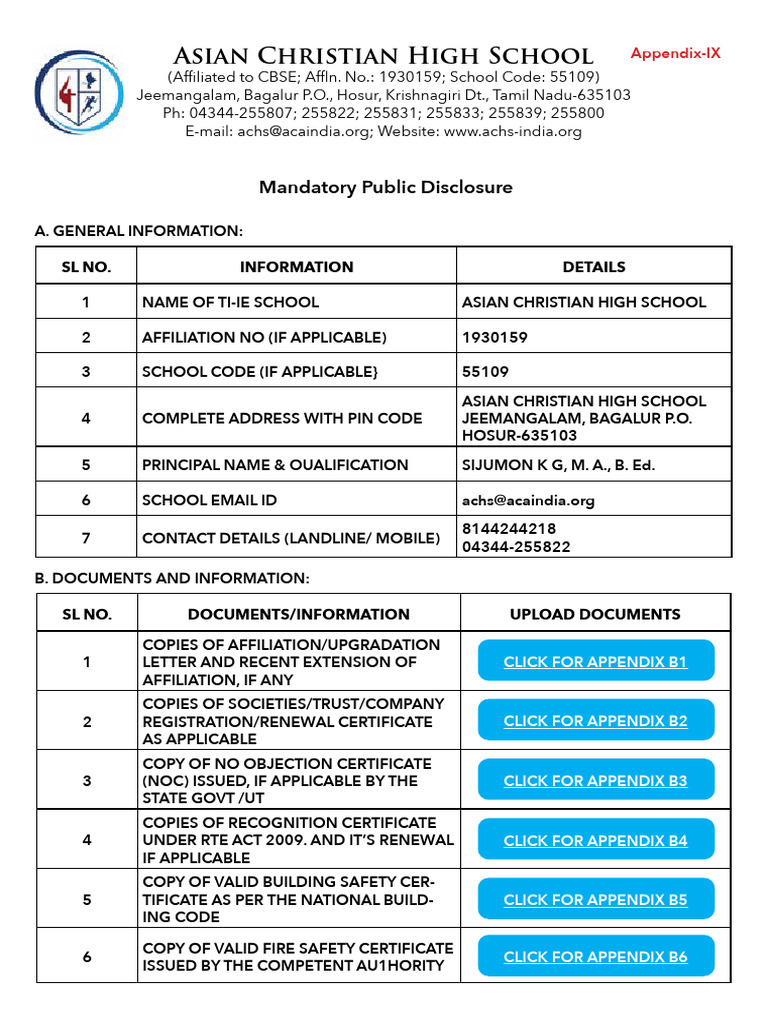 Asian Christian High School: Mandatory Public Disclosure | PDF