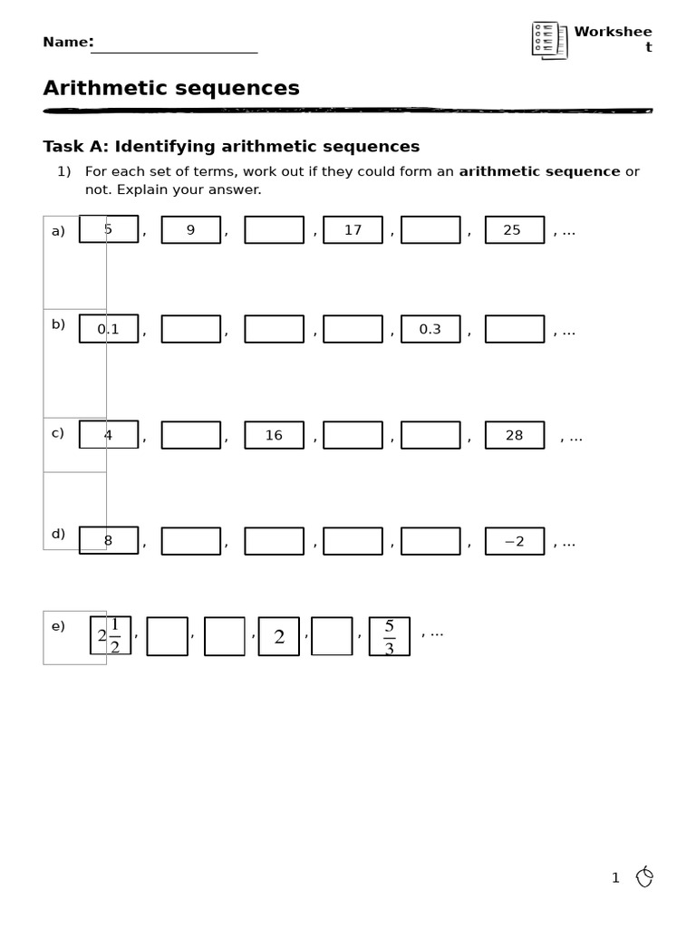 Identifying Arithmetic Sequences Worksheet | PDF | Arithmetic ...