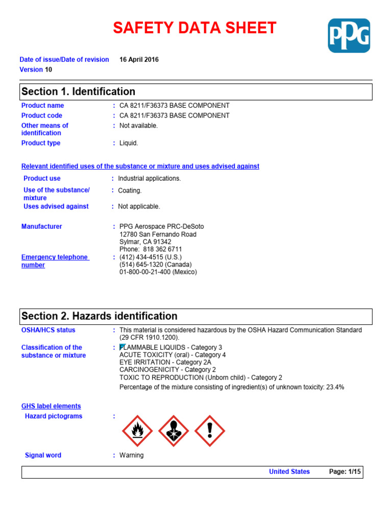 CA 8211/F36373 Base Component SDS | PDF | Toxicity | Occupational ...