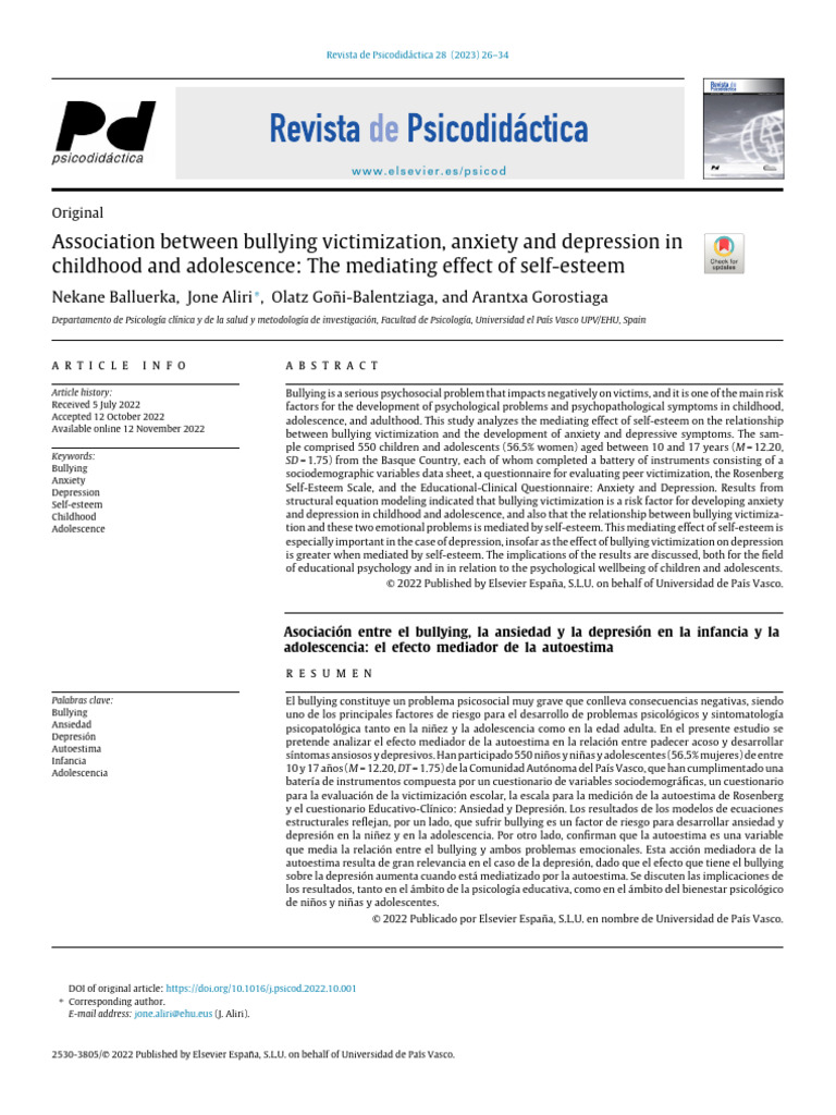 Bullying, Anxiety, Depression, and Self-Esteem | PDF | Self Esteem ...