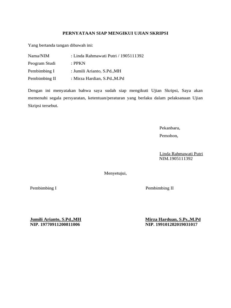 Pernyataan Siap Mengikui Ujian Skripsi | PDF
