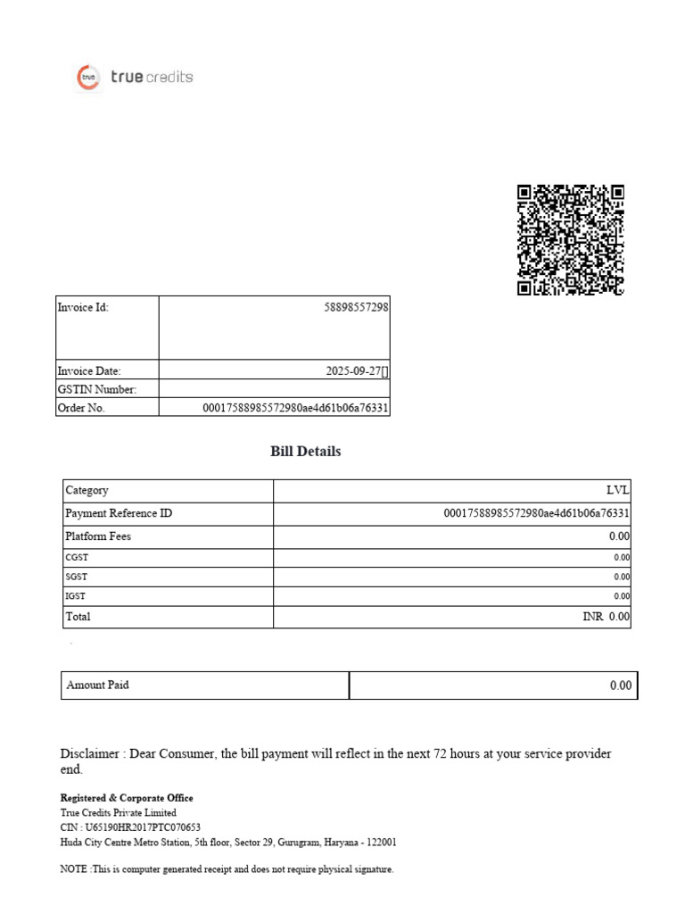 Bill Details: Invoice Id: 58898557298 | PDF