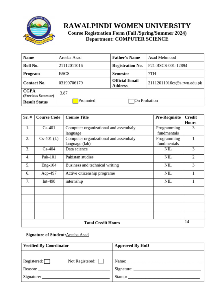 Rawalpindi Women University Course Registration | PDF