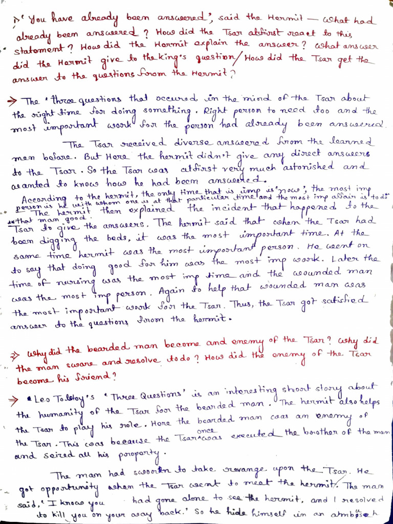 Three Questions - (Important Question and Answer) | PDF