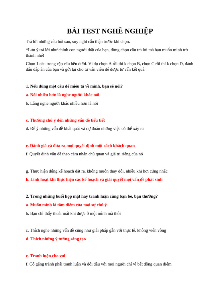 Bài Test Nghề Nghiệp | PDF