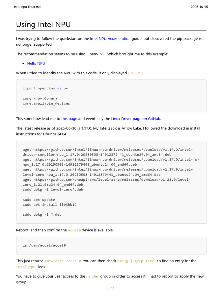Intel NPU Setup on Ubuntu 24.04 | PDF