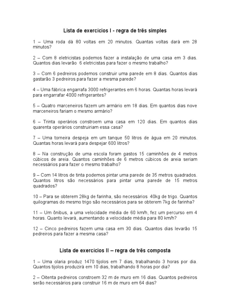 Lista de exercícios de regra de três simples e composta com aplicações ...